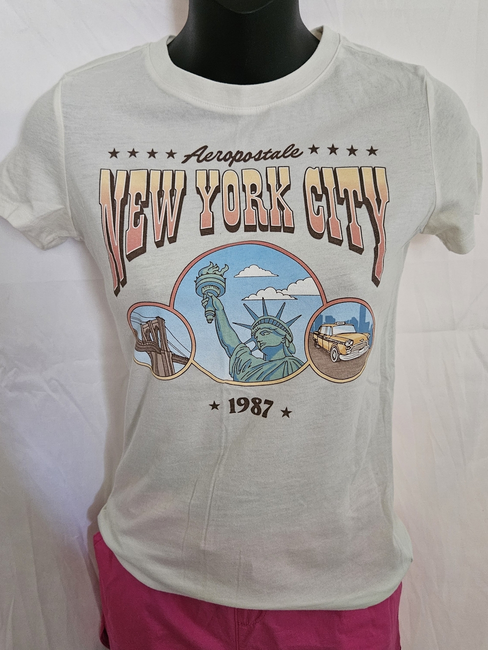 Aeropostale White New York City Graphic Tee with Blue & Pink Accents